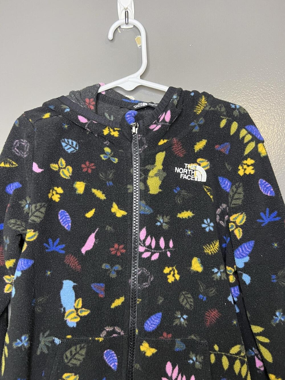The North Face Jacket Girls 6T Black Fleece Hooded Full Zip Floral Print Logo